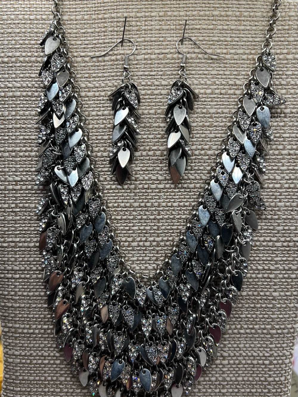 Silver Leaf Cascade/ Bib Necklace & Earring Set - Elegant Statement Jewelry